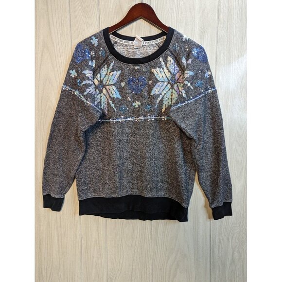 PINK by Victoria's Secret Gray Crewneck  Sequenced Snowflakes Winter XS - Picture 1 of 7